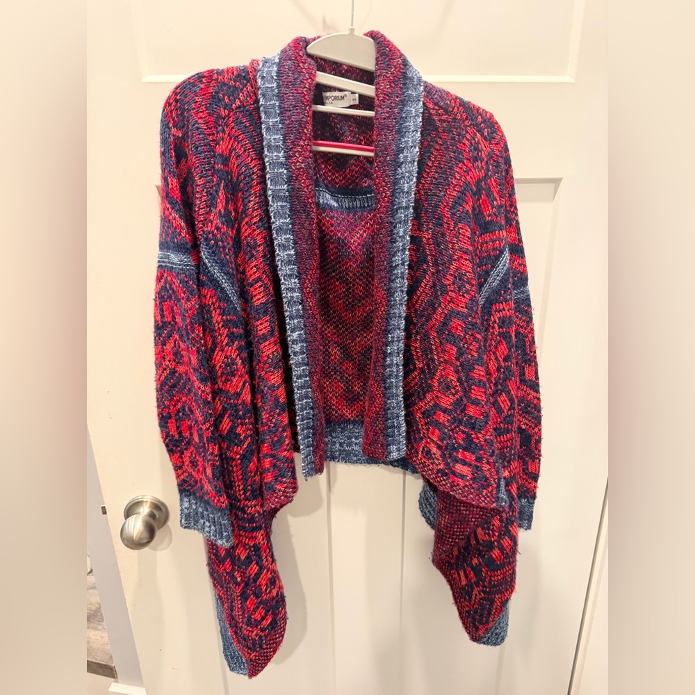 Cotton Emporium Waterfall Cardigan Navy Red Marled Knit Open Front Small Usa